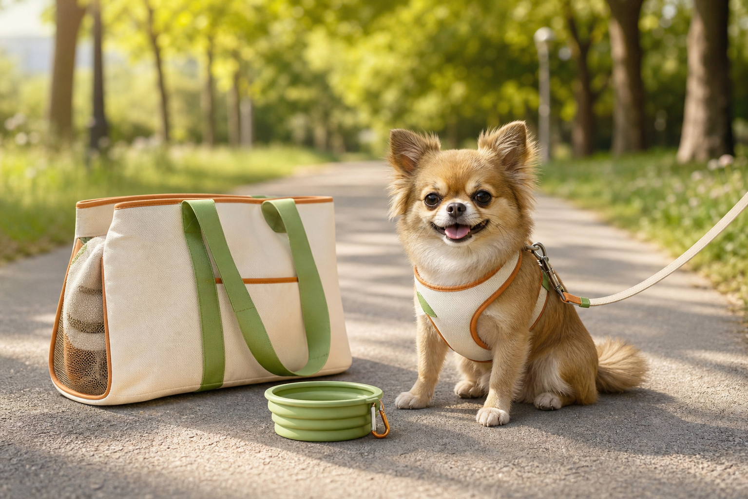 Dog with travel bag outdoors
